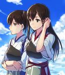  adjusting_hair akagi_(kantai_collection) armor brown_eyes brown_hair cloud crossed_arms day japanese_clothes kaga_(kantai_collection) kantai_collection long_hair multiple_girls muneate ponytail side_ponytail sky yurossan 