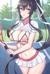  1girl absurdres bikini bikini_top_only black_hair breasts clothes_lift cupless_bikini hair_ribbon highres holding holding_racket kantai_collection large_breasts long_hair looking_at_viewer microskirt navel nipples ohguro_mariya open_mouth outdoors pleated_skirt ponytail public_indecency public_nudity racket ribbon shirt shirt_lift short_sleeves skirt solo sportswear string_bikini sweat swimsuit tennis_court tennis_racket tennis_skirt tennis_uniform very_long_hair white_ribbon white_shirt white_skirt yahagi_(kancolle) yahagi_kai_ni_(kancolle) 