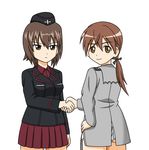  brown_hair crossover garrison_cap gertrud_barkhorn girls_und_panzer handshake hat hoshino_banchou military military_uniform multiple_girls nishizumi_maho strike_witches uniform world_witches_series 