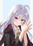  1girl 2024 absurdres ahoge black_robe blue_background blue_eyes blush bow bowtie braid closed_mouth collared_shirt commentary_request dated_commentary elaina_(majo_no_tabitabi) eyelashes floating_hair grey_hair hair_between_eyes hair_bow hands_up highres long_hair long_sleeves looking_at_viewer majo_no_tabitabi miyuki_kotori outstretched_hand own_hands_together pink_bow robe shirt sidelocks simple_background single_braid smile solo tsurime upper_body white_shirt wide_sleeves wizard yellow_bow yellow_bowtie 