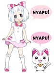  7melon :d bad_id bad_pixiv_id blue_eyes blush cat hummy_(suite_precure) kneehighs open_mouth personification pink_ribbon precure ribbon romaji short_hair simple_background smile solo standing suite_precure white_background white_cat white_hair 