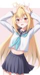  1girl absurdres ahoge alternate_costume aqua_neckerchief black_sailor_collar black_skirt blonde_hair blush commentary cone_hair_bun cowboy_shot dancing double_bun embarrassed eyelashes fang furrowed_brow hair_between_eyes hair_bun hair_intakes highres hikikomari_kyuuketsuki_no_monmon long_hair long_sleeves looking_at_viewer midriff miniskirt miyuki_kotori navel neckerchief open_mouth parody pink_background pleated_skirt red_eyes sailor_collar school_uniform serafuku shikanoko_nokonoko_koshitantan shirt sidelocks simple_background skin_fang skirt slit_pupils solo straight_hair terakomari_gandezblood very_long_hair white_shirt 