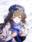  1girl :d absurdres anchor_hat_ornament beret blue_eyes blue_hat blue_scarf blurry blurry_background blush brown_hair coat hands_up happy_birthday hat hat_ornament highres long_hair looking_at_viewer marcus_(reverse:1999) mole mole_under_eye reverse:1999 scarf smile snow snow_on_head solo steam_from_mouth upper_body wamel_(didwatermelon41) white_background white_coat 