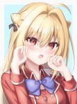  1girl ahoge black_bow blonde_hair blue_background blue_bow blue_bowtie blush border bow bowtie buttons commentary cone_hair_bun double-breasted double_bun eyelashes eyes_visible_through_hair fang hair_between_eyes hair_bow hair_bun hair_intakes highres hikikomari_kyuuketsuki_no_monmon jacket long_hair long_sleeves looking_at_viewer miyuki_kotori open_mouth outside_border paw_pose red_eyes red_jacket simple_background solo straight_hair terakomari_gandezblood upper_body white_border 