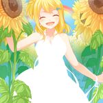  ^_^ blonde_hair closed_eyes dress earrings fairy_tail flower hair_ornament hairclip happy jewelry long_hair lucy_heartfilia one_side_up rainbow smile solo strib_und_werde sunflower 