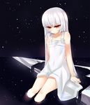  bare_shoulders copyright_request dress enki_(dragonfire) flat_chest looking_down red_eyes science_fiction sitting soaking_feet solo space white_dress white_hair 
