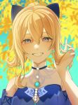  1girl absurdres bare_shoulders black_bow blonde_hair blue_eyes bow commentary detached_sleeves facing_viewer genshin_impact grin hair_bow half-closed_eyes hand_up highres jean_(genshin_impact) jean_(sea_breeze_dandelion)_(genshin_impact) looking_at_viewer medium_hair official_alternate_costume ponytail short_sleeves smile solo upper_body watatai 