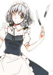  apron atoki braid hair_ribbon highres izayoi_sakuya knife maid_apron maid_headdress one_eye_closed ribbon silver_hair solo touhou twin_braids yellow_eyes 