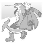 1:1 2018 5_fingers anthro bottomwear cetacean clothed clothing coat dolphin fingers frown full-length_portrait hi_res hiking_boots looking_at_viewer male mammal marine monochrome monodontid muscular narwhal pants partially_clothed plantigrade portrait side_view snarkysardine solo toothed_whale topwear