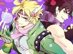  blonde_hair brown_hair bubble caesar_anthonio_zeppeli facial_mark feathers fingerless_gloves gloves green_jacket hair_feathers head_wings headband jacket jojo_no_kimyou_na_bouken joseph_joestar_(young) mapi multiple_boys scarf 