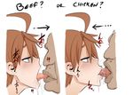  1girl ahoge bald blue_eyes breath brown_hair copyright_request drooling faceless hetero lips no_eyes profile saliva shindou_l tongue tongue_out tongue_suck ugly_man 