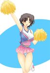  arm_up blush breasts cheerleader large_breasts looking_at_viewer mature one_eye_closed open_mouth panties pom_poms simple_background skirt smile solo striped striped_panties to_heart_2 underwear yuzuhara_haruka zekkyon 