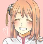  ^_^ ^o^ blush closed_eyes commentary ferea_bimi gintama grin hairpods heart kagura_(gintama) orange_hair parted_lips pink_background simple_background smile solo teeth upper_body 