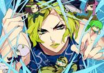  blue_eyes blue_hair braid cuffs double_bun emporio_alnino ermes_costello foo_fighters green_hair green_lipstick handcuffs jojo_no_kimyou_na_bouken kuujou_jolyne lipstick makeup mapi narciso_anasui stone_ocean string weather_report 