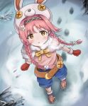  akane_mimi animal_hood belt blush braid buttons commentary dargo flower footprints gloves grass hair_flower hair_ornament headband heavy_breathing hood long_hair looking_at_viewer low_braid pink_hair princess_connect! princess_connect!_re:dive ribbon shoes snow twin_braids walking yellow_eyes 