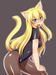  animal_ears aqua_eyes blonde_hair cat_ears cat_tail highres leotard long_hair nokoppa original pantyhose solo tail 