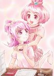  :d aida_mana arms_around_neck blush bow calculator dokidoki!_precure half_updo hiranotch hug hug_from_behind multiple_girls open_mouth paper personification pink_background pink_bow pink_eyes pink_hair precure sharuru_(dokidoki!_precure) sharuru_(dokidoki!_precure)_(human) short_hair sitting smile stamp standing standing_on_one_leg table 