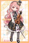  1girl artist_name black_bow black_bowtie black_dress black_hairband black_hat black_shoes border bow bow_(music) bowtie braid character_name cherilynorz closed_mouth collared_dress dress earrings eyelashes feathers frilled_dress frilled_headwear frills full_body grey_pantyhose grid_background hair_bow hairband happy hat hat_ornament high_heels highres holding holding_bow_(music) holding_instrument holding_violin infinity_nikki instrument jewelry layered_dress light_particles medium_dress mini_hat mini_top_hat musical_note musical_note_earrings musical_note_hat_ornament musical_note_print musical_staff nikki_(nikki) nikki_(series) orange_border orange_eyes outline outside_border pantyhose pumps shoes side_braid smile solo sparkle standing star_(symbol) striped_clothes striped_pantyhose symphony_of_strings_(infinity_nikki) top_hat treble_clef vertical-striped_clothes vertical-striped_pantyhose violin white_background white_bow white_dress white_outline 