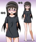  :d akemi_homura alternate_costume bare_legs barefoot black_hair blush bottomless cadsensei collarbone glasses hairband homu looking_at_viewer mahou_shoujo_madoka_magica naked_shirt no_pants open_mouth pigeon-toed purple_eyes red-framed_eyewear shirt smile solo standing t-shirt translated zoom_layer 