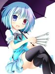  :d black_legwear blue_eyes blue_hair blush breasts heterochromia karakasa_obake medium_breasts open_mouth purple_umbrella red_eyes shinhoya short_hair skirt smile solo tatara_kogasa thighhighs touhou umbrella vest wrench 