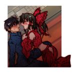  1girl black_hair blue_eyes blush bow brown_hair detached_sleeves dress hair_bow hair_tubes hakurei_reimu hetero licking licking_lips m.u.g.e.n melty_blood nanaya_shiki onimiko red_dress red_eyes table tententensan tongue tongue_out touhou tsukihime 