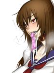  bdsm blush bondage bound breasts brown_hair collar condom condom_in_mouth cum cum_on_clothes cumdrip dazed half-closed_eyes heavy_breathing highres large_breasts long_hair mouth_hold original red_eyes school_uniform sengoku_kyouhime serafuku shindou_l slave solo used_condom 