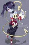  bare_shoulders black_hair blue_skin blush breasts character_name detached_collar detached_sleeves gomibox hair_over_one_eye leviathan_(skullgirls) long_hair long_skirt red_eyes revision side_ponytail skirt skull skullgirls small_breasts smile solo squigly_(skullgirls) stitched_mouth stitches striped striped_legwear striped_sleeves zombie 