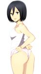  absurdres ass black_hair hair_between_eyes highres lips looking_back mikasa_ackerman shingeki_no_kyojin short_hair shorts simple_background smile solo striped tank_top tonotyama wedgie white_background 