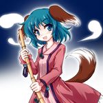  animal_ears aqua_eyes bamboo_broom blush broom dress dress_shirt green_eyes green_hair hitodama itsuku kasodani_kyouko long_sleeves open_mouth shirt short_hair smile solo tail touhou 