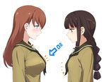  blush braid breast_envy brown_eyes brown_hair commentary_request highres kantai_collection kitakami_(kantai_collection) marimotencho multiple_girls ooi_(kantai_collection) school_uniform 