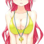  bare_shoulders bemani bikini blush breasts cleavage collarbone head_out_of_frame headphones kuro_(be_ok) large_breasts long_hair looking_at_viewer navel rasis red_hair simple_background solo sound_voltex swimsuit upper_body white_background yellow_bikini 