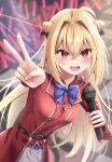  1girl :d ahoge belt black_belt black_bow blonde_hair blue_bow blue_bowtie blush bow bowtie buttons commentary concert cone_hair_bun cowboy_shot double-breasted double_bun eyelashes fang floating_hair glowstick hair_between_eyes hair_bow hair_bun hair_intakes hand_up highres hikikomari_kyuuketsuki_no_monmon holding holding_microphone jacket jewelry leaning_forward long_hair long_sleeves looking_at_viewer microphone miyuki_kotori open_mouth outstretched_arm pendant red_eyes red_jacket sidelocks slit_pupils smile solo terakomari_gandezblood v very_long_hair 