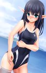  adjusting_clothes adjusting_swimsuit aqua_eyes bangs bare_shoulders black_hair blue_swimsuit blunt_bangs blush breasts competition_swimsuit covered_navel eto eyebrows_visible_through_hair groin hand_on_own_stomach highres long_hair long_pointy_ears looking_at_viewer lumia_swimwear one-piece_swimsuit phantasy_star phantasy_star_online_2 pointy_ears rupika_(pso2) seductive_smile small_breasts smile solo standing swimsuit wading water 