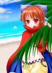  :o adapted_costume beach blue_sky blush cape cloud day lens_flare looking_at_viewer lowleg lowleg_pants midriff navel nyaw ocean outdoors palm_branch pants red_eyes red_hair sekibanki short_hair sky solo_focus touhou 