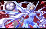  armor blazblue blood bodysuit braid crazy_eyes crotch_plate grin looking_at_viewer nu-13 red_eyes sayo_wini silver_hair smile solo 