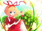  blonde_hair blouse blue_eyes bow dress flower gradient gradient_background hair_bow hair_ribbon highres knees_up leaf leaf_background lily_of_the_valley looking_at_viewer medicine_melancholy moseley puffy_short_sleeves puffy_sleeves ribbon short_hair short_sleeves sitting skirt solo su-san touhou wings 