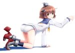  all_fours ass bangs black_legwear blush boots brown_eyes brown_hair dress full_body hairband kantai_collection looking_at_viewer looking_back mecha_musume neckerchief open_mouth panties sailor_dress short_hair socks solo tsubasa_(abchipika) underwear white_background white_panties yukikaze_(kantai_collection) 