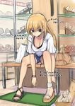  blonde_hair breasts cleavage commentary_request coupe50 long_hair medium_breasts mismatched_footwear panties real_life sitting solo translated underwear 