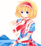  alice_margatroid bad_id bad_pixiv_id blonde_hair blue_eyes capelet dress hairband jewelry light_particles lolita_hairband looking_at_viewer moseley parted_lips puppet_rings puppet_strings ribbon ring sash short_hair short_sleeves simple_background solo touhou white_background wrist_cuffs 