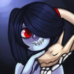  bare_shoulders blue_skin bogoro face hair_over_one_eye leviathan_(skullgirls) long_hair lowres petting red_eyes side_ponytail skullgirls smile solo squigly_(skullgirls) stitched_mouth stitches zombie 