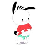 1:1 absurd_res anthro blush bulge canid canine canis clothed clothing clothing_lift domestic_dog foreskin genitals hello_kitty_(series) hi_res male mammal navel penis penis_poking_out penis_through_fly pochacco presenting presenting_penis sanrio shirt shirt_lift slightly_chubby solo topwear twerpishimp underwear