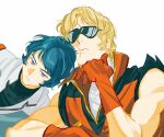 2boys :t black_shirt blonde_hair blue_eyes closed_mouth collared_jacket commentary_request frown gloves green_hair gundam high_collar highres jacket kamille_bidan leaning_on_person male_focus multiple_boys parted_bangs parted_hair popped_collar quattro_bajeena red_gloves red_jacket shirt simple_background sleeveless sleeveless_jacket sunglasses tkrkve43 white_background white_jacket white_shirt zeta_gundam 