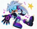 1boy animal_ears artist_name black_boots black_gloves black_jacket boots commentary english_commentary full_body furry furry_male gloves grid_background hedgehog_boy highres jacket male_focus musical_note official_alternate_costume open_clothes open_jacket open_mouth silver_the_hedgehog silver_the_hedgehog_(rockstar) solo sonic_(series) sonic_speed_simulator star_(symbol) starrjoy teeth upper_teeth_only white_fur 