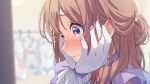  1girl absurdres brown_hair choker clothes_hanger clumsy_trick_(idolmaster) commentary_request embarrassed gakuen_idolmaster gloves hands_on_own_cheeks hands_on_own_face highres himesaki_rinami idolmaster long_hair looking_ahead official_alternate_costume purple_choker purple_eyes reikakrzk solo white_gloves 