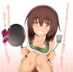  apron bangs bare_shoulders black_hair blood blood_splatter blush breasts brown_hair char cleavage collarbone cutoffs denim denim_shorts eyebrows frilled_apron frills frying_pan gradient gradient_background grin hair_between_eyes heart holding kamikui_no_ex_machina knees_together_feet_apart looking_at_viewer medium_breasts multicolored_hair official_art pink_background plaid plaid_background rosetta_(kamikui) short_hair short_shorts shorts smile solo spatula spoken_heart squatting translation_request two-tone_hair uneven_eyes yellow_eyes 