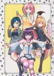  4girls :d absurdres ahoge ayakashi_triangle bird_wings black_cat_(series) black_dress blonde_hair blue_hair bob_cut bow bowtie cover creator_connection cross darling_in_the_franxx demon_tail detached_sleeves dress dress_shirt dress_shoes eve_(black_cat) flower_hairpin full_body gradient_background green_eyes hair_ornament hairpin hand_in_pocket hands_up highres holding holding_phone hood hoodie ichigo_(darling_in_the_franxx) incredibly_absurdres index_finger_raised kanade_suzu kneehighs leg_up long_hair mary_janes momo_velia_deviluke multiple_girls official_art okobo origami parasite_dress_uniform_(darling_in_the_franxx) parted_lips phone pink_eyes pink_hair plaid_clothes plaid_skirt platform_sandals playing_with_own_hair purple_eyes purple_hair red_eyes sandals scan shikigami shirt shoes skirt sleeveless sleeveless_hoodie smile socks standing standing_on_one_leg star_(symbol) star_symbol_background sweater_vest tail thighhighs third-party_source to_love-ru to_love-ru_darkness very_long_hair wide_hips wings yabuki_kentarou 