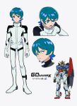  1boy androgynous blue_eyes blue_hair closed_mouth commentary_request copyright_name green_eyes gundam gundam_gquuuuuux highres horocca jumpsuit kamille_bidan mecha mobile_suit multicolored_hair multiple_views open_mouth robot rx-78-2_gundam science_fiction shield short_hair simple_background solo streaked_hair v-fin white_background white_jumpsuit zeta_gundam zeta_gundam_(mobile_suit) 