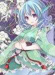  animal_ears asa_(coco) blue_hair head_fins japanese_clothes long_sleeves mermaid monster_girl obi open_mouth red_eyes sash short_hair smile solo touhou wakasagihime wide_sleeves 