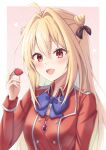  1girl 2024 :d ahoge black_bow blonde_hair blue_bow blue_bowtie blush border bow bowtie buttons commentary_request cone_hair_bun crossed_bangs dated_commentary double-breasted double_bun eyelashes fang food fruit hair_between_eyes hair_bow hair_bun hair_intakes hand_up happy heart highres hikikomari_kyuuketsuki_no_monmon holding holding_food holding_fruit jacket jewelry long_hair long_sleeves looking_at_food miyuki_kotori open_mouth outside_border pendant pink_background red_eyes red_jacket simple_background slit_pupils smile solo strawberry terakomari_gandezblood upper_body very_long_hair white_border 