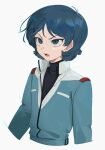  1boy black_shirt blue_eyes blue_hair collared_jacket cropped_arms cropped_torso gundam hair_behind_ear highres jacket kamille_bidan long_sleeves male_focus o-three open_mouth parted_bangs popped_collar shirt short_hair simple_background solo teeth three_quarter_view tongue turtleneck upper_teeth_only v-shaped_eyebrows white_background zeta_gundam 
